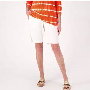 Susan Graver PURE Regular Linen Blend Bermuda Shorts with Frayed Hem-White, M